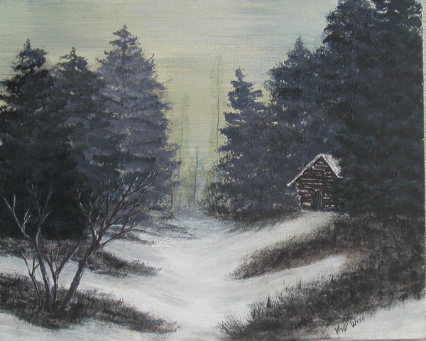 Cabin in Winter Woods #3, Acrylic on stretched canvas, 16" x 20" — NFS