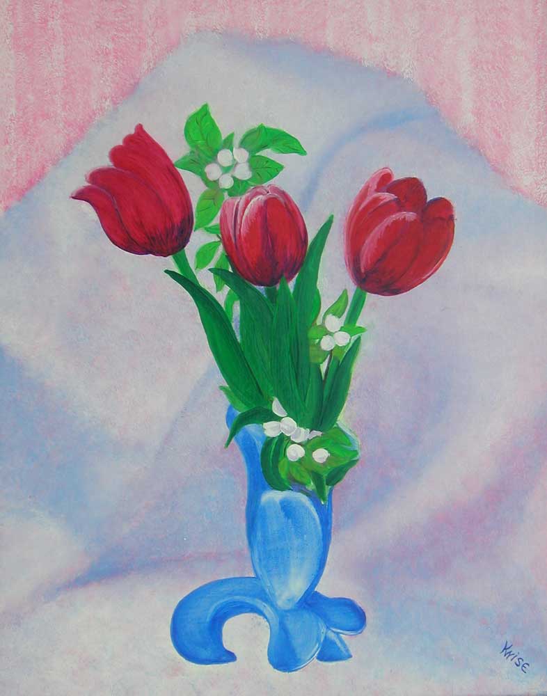Red Tulips in a Blue Vase, 16" x 20" — Oil on Linen