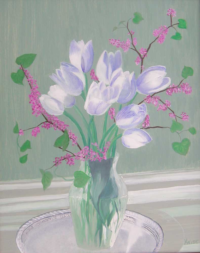 Tulips and Redbud Blossoms, 16" x 20" — Oil on Linen