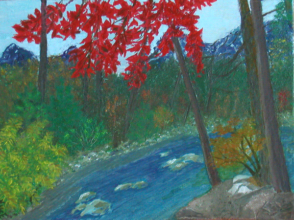 Red Leaves over Brook, Oil on Linen, 9" x 12" — NFS